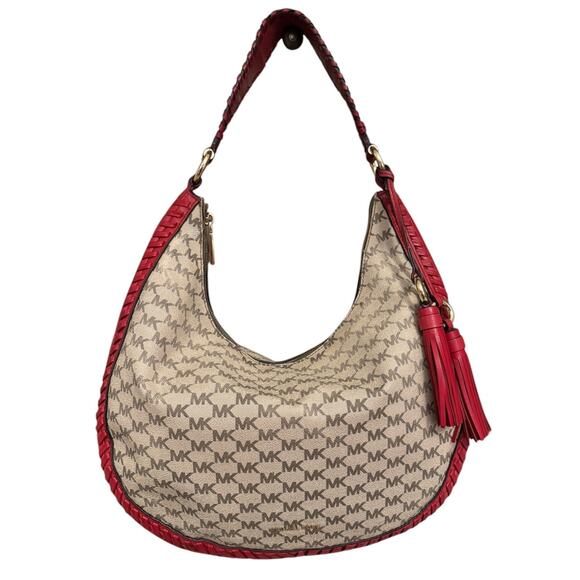 Michael Kors Lauryn Signature Natural Canvas Red Leather Large Shoulder Bag Hobo - Picture 1 of 9